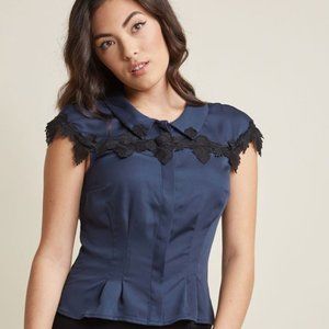 Modcloth Navy Blue Leaf Lace Retro Button Down Vintage Style Cap Sleeve Blouse